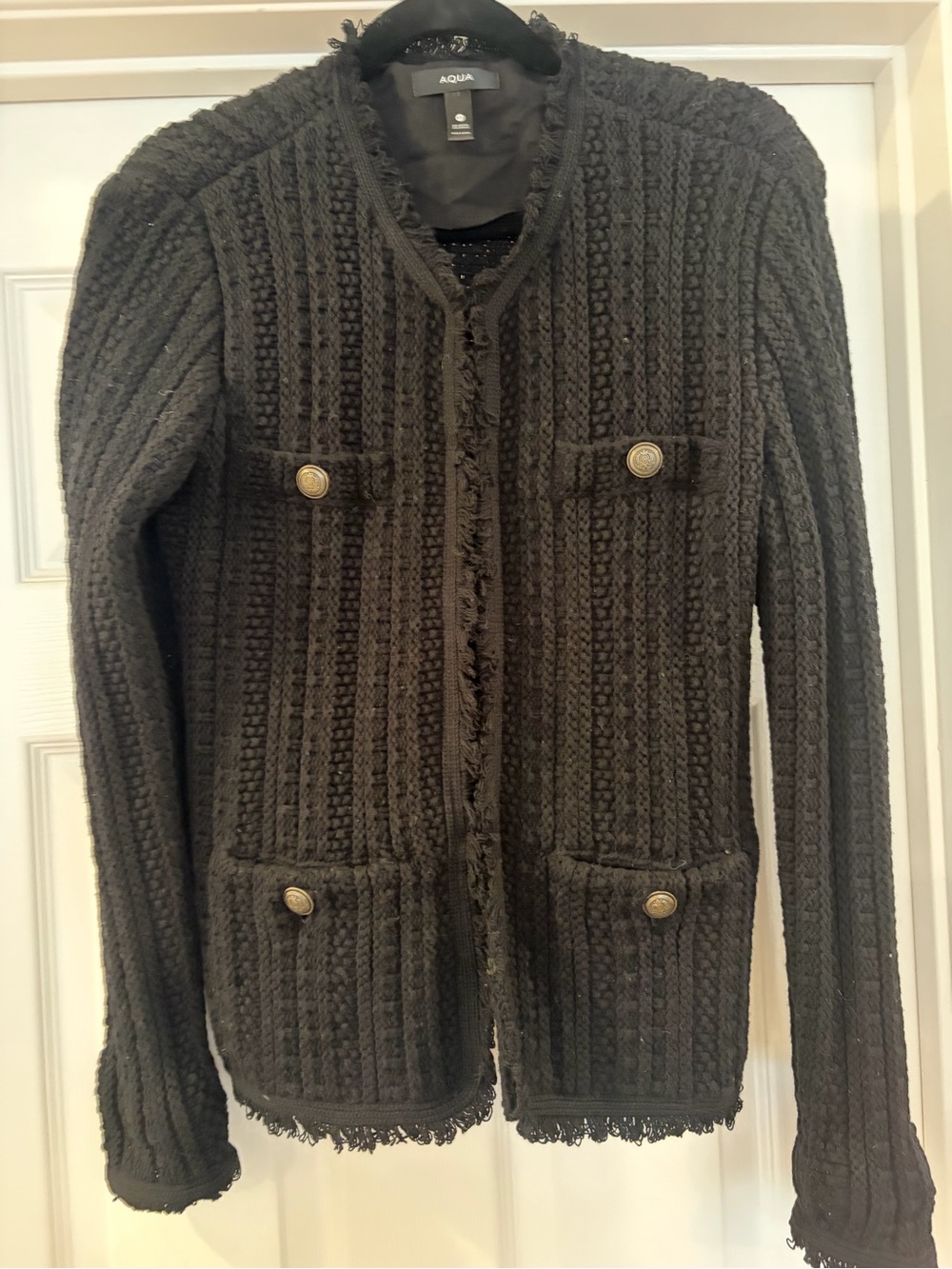Aqua Black Fringe-Trim Knit Cardigan